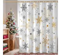 Christmas Shower Curtain for Bathroom, Gold Grey Snowflake with 12 Hooks | Winter Merry Xmas New Year Decoration, Waterproof Polyester Fabric, Machine Washable, Quick-Drying