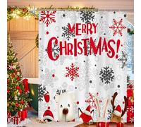 Christmas Shower Curtain Merry Christmas Bathroom Curtain with 12 Hooks Mildew and Mould Resistant Curtain Xmas Decoration Waterproof Polyester Shower Curtains for Christmas Decorations, 180x180cm