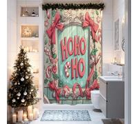 Christmas Shower Curtain, Mint Green Candy Cane Holiday Decor, Festive Winter Bathroom Set with Red Bows and Hooks 36x72 Inch