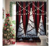 Christmas Shower Curtain, Red and Black Striped Holiday Decor with Snowy Trees and Fairy Lights, Festive Winter Bathroom Set, Waterproof Fabric Shower Curtain with Hooks 72x96 Inch