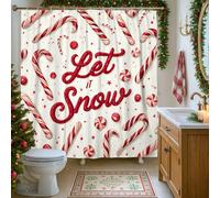 Christmas Shower Curtain, Red Candy Cane Holiday Bathroom Decor, Winter Festive Modern Fabric Shower Curtain with Hooks 72x72 Inch