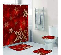 Christmas Shower Curtain Set for Bathroom Decorations,4 Pcs Xmas Element Waterproof Tub Curtains with Bath Rugs, Washable Non-slip Mat,Toilet Cover and Hooks for Holiday Inside Outside Decor (A26)