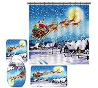 Christmas Shower Curtain Set for Bathroom Decorations,4 Pcs Xmas Element Waterproof Tub Curtains with Bath Rugs, Washable Non-slip Mat,Toilet Cover and Hooks for Holiday Inside Outside Decor (A14)
