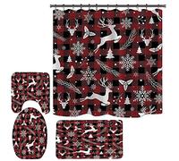 Christmas Shower Curtain Set for Bathroom Decorations,4 Pcs Xmas Element Waterproof Tub Curtains with Bath Rugs, Washable Non-slip Mat,Toilet Cover and Hooks for Holiday Inside Outside Decor (A6)