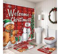Christmas Shower Curtain Set Gingerbread Man Snowman Christmas Bathroom Sets with Toilet Lid Cover 4PCS/Set Bathroom Rugs Waterproof Shower Curtain with Hooks