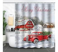Christmas Shower Curtain Set with 12 Hooks, Vintage Truck Tree Pattern, 72x72 Inch Winter Rustic Retro Farmhouse Shower Curtain Waterproof Fabric