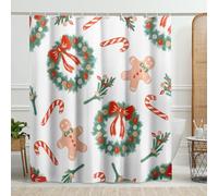Christmas Shower Curtain, Watercolor Red Green Gingerbread Wreath for Holiday Bathroom Decor, Winter Festive Modern Print Waterproof Fabric Shower Curtain Set with Hooks 62x72 Inch