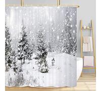 Christmas Shower Curtain, Xmas Pine Tree in Snow Natural Scenery with Grey White Snowflake Bathroom Curtains, Country Farmhouse Nature Winter Theme Forest Shower Curtain Liner with Hooks,72x72Inch
