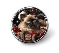 Christmas Siamese Cat Badges Decorative, Durable Aluminum Alloy Round Badge, Lightweight Button Brooch for Shirts, Jackets, Hats, Uniforms 1"