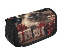 Christmas Siamese Cat Pencil Case Organizer Large Capacity Cute Pen Pouch with 3 Compartment Office Stationery Large Pencil Bags with Zipper Fabric Pen Bag for Adults Portable Makeup Bag (Black)
