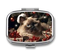 Christmas Siamese Cat Pill Box 2 Compartment, Portable Pill Case with Mirror for Pocket Purse Travel, Mini Metal Medicine Organizer for Vitamins Fish Oil