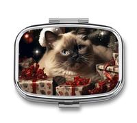 Christmas Siamese Cat Pill Case with 2 Compartment, Pill Organizer Portable Square Pill Box,Vitamin Pill Organizer for Pocket Purse and Travel