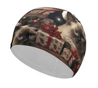 Christmas Siamese Cat Swim Cap for Adult, Elastic Fabric Swimming Cap, Comfortable Bathing Cap for Long & Short Hair