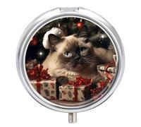 Christmas Siamese Cat Travel Pill Box Case 3 Compartment Cute Pill Organizer Metal Pill Holder with Mirror Small Medicine Organizer Daily Pill Container for Purse Pocket Portable Meds Box