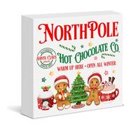 Christmas Sign Kitchen Decor North Pole Gingerbread Hot Chocolate Wood Block Sign for Hot Cocoa Bar Table Desk Shelf Decoration