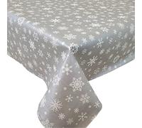 Christmas Silver Grey Snowflakes PVC Oil Vinyl Plastic Table Cloth White Small Large Snowflakes Party Wipe Clean 200cm x 140cm (79" x 54" inches) Rectangle 6 Seater Table Water Resistant Textured Feel