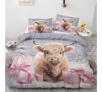 Christmas Single Duvet Cover Set - Highland Cow Bedding Set - Reversible Quilt Cover & 1 Pillowcases with Zipper and Ties, Ultra Soft and Non Iron Brushed Microfibre Bed Set 135 x 200cm H-9&-296