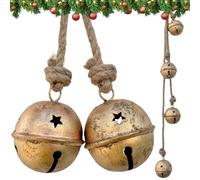 Christmas Sleigh Bells, Hanging Bells Vintage Cowbell Brass Gold Rustic Harmony Metal Jingle Bells Cluster, Tree Bells on Jute Rope, Christmas Decor Ornaments