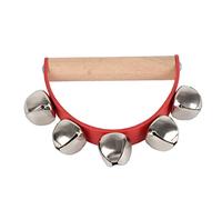 Christmas Sleigh Bells with Wooden Handle, Handheld Jingle Bells for Holiday Caroling, Red and Gold 5 Bells Musical Instrument