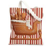 Christmas Sleigh Canvas Tote Bags, Gingerbread Design Reusable Grocery Bags, Rustic Lightweight Washable Shoulder Strap Canvas 13x15 Inch