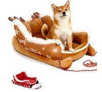 Christmas Sleigh Dog Bed, Detachable & Washable Plush Pet Bed with Non-slip Base, Warm Santa Sleigh for Cats and Dogs Indoor Outdoor Winter Use brown S(50 * 37 * 25cm)