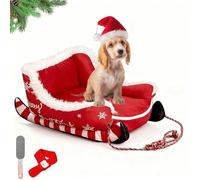 Christmas Sleigh Dog Bed, Funny Santa Sleigh Pet Warm Bed with Non-Slip Base, Santa Sleigh Pet Sofa for Dogs & Cats, Removable & Washable Plush Insulated Nest for Winter Indoor Outdoor (Red, M)