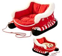 Christmas Sleigh Dog Sofa Reindeer Plush Dog Bed in Red- S | Washable, Festive Design, Plush Material, Sofa Style, Holiday Theme