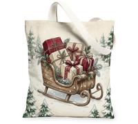 Christmas Sleigh Gift Illustration Canvas Tote Bag 13x15 Inch | Winter Forest Scene, Wrapped Gift Boxes, Nostalgic Wooden Sled, Cozy Seasonal Motif, Lightweight Linen-textured Fabric