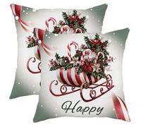 Christmas Sleigh Throw Pillow Covers, Red Candy Cane Floral Cushion Case, Winter Holiday Decoration Home Sofa Bedroom Living Room 18x18 Inch