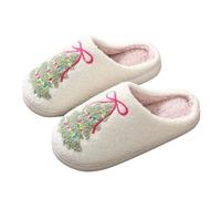 Christmas Slippers For Women Tree Slippers Xmas Tree Printed Slipper Bow Tie Patterned Slipper Winter Fleece Sliders Super Soft Home Sliders Plush Fuzzy Cushion Slides Slip-On House Slides