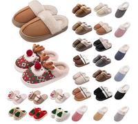 Christmas Slippers Women UK Clearance, Winter Memory Foam Warm Fuzzy Plush Ladies Fleece Lined Wide Fitting Comfy Cozy Home Slippers for Women Men