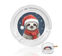 Christmas Sloth Ashtray Portable 3.3in, Round Crystal Glass Ashtray with 3 Cigarette Holders & Anti-Slip Base, Decorative Ash Trays for Desk, Car, Office, Home