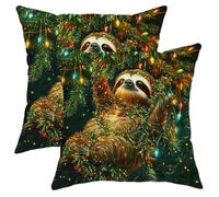 Christmas Sloth Pillow Covers Set of 2, Colorful Holiday Decor Throw Pillows, Cozy Winter Decorative Cushion Covers for Home Sofa Bed Couch 16x16 Inch