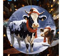 Christmas Snow Cow Ceramic Christmas Ornaments - 1 Pcs Rustic Round Xma Tree Decor with Hanging String, Personalized Vintage Double-Sided Holiday Party Decorations for Xmas Gifts