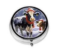 Christmas Snow Cow Pill Box Metal Round Small Pill Case Cute 3 Compartment Pill Organizer Portable Travel Pillbox Mini Pill Container Holder for Daily Medicine Supplement Vitamin