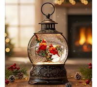 Christmas Snow Globe Lighted Cardinal Holly Scene, Musical Snow Water Lantern Swirling Glittering Home Decoration and Gift, Battery Operated or USB Powered