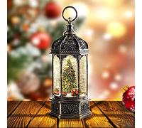 Christmas Snow Globes with Music,6H Timer Cylindrical Flashing Snow Ball,Bronze Musical Box Including 8 Songs,Glitter Snowflakes Lantern with Christmas Tree Xmas Decor Gift