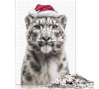 Christmas Snow Leopard with Santa Hat Puzzle Jigsaws 500 Pieces for Adults Wood Puzzles Wooden Puzzles Educational Game Challenge Toy 500pcs (52x38cm)