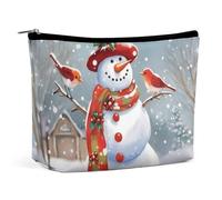 Christmas Snow Man And Birds Makeup Bag, Portable PU Leather Cosmetic Bag with Zipper Pouch, Waterproof Travel Toiletry Bag for Women Men