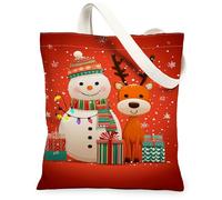 Christmas Snow Man Reusable Canvas Tote Bags, Holiday Cheer Lightweight Washable Shoulder Strap Grocery Bags for Shopping T, Red, 13x15 Inch