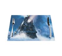 Christmas Snow Night Railway Train Printed PVC Placemats 6 PCS Set - Heat Resistant Non-Slip Placemat for Dining Room, Indoor Outdoor Woven Table Mats for Kitchen Decor, Housewarming Gift