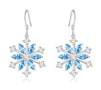 Christmas Snowflake Earrings, Silver Sparkling CZ Crystal Dangle Drop Earrings 18K White Gold Rhinestone Xmas Earring Jewellery Gift for Women Mum Daughter Sister with Gift Card & Box, Blue Stone
