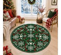 Christmas Snowflake Holly Medallion Round Area Rug 5ft | Holly Berries, Round Carpet, Swirl Patterns, Traditional Style, Winter Home Decor, Seasonal Floor Accents