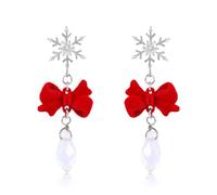 Christmas Snowflake Red Velvet Bow Dangle Earrings, Red Christmas Drop Earring Winter Dainty Fashion Jewelry Valentine's Day Birthday Gifts Gift for Her