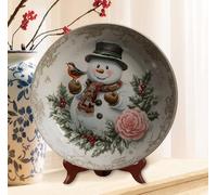 Christmas Snowman Decorative Plates Round 10" Xmas Snowman Winter Holly | Decorative Plates For Display, Home Kitchen Dining Room Wall Decor Housewarming Gifts Wall Hanging Hotel Cafe