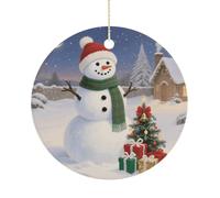 Christmas Snowman Double-Sided Ceramic Christmas Ornaments - Round Hanging Mini Xmas Tree Decorations, Ideas for Farmers, Rustic Home Decor for Indoor Outdoor Tree Decor