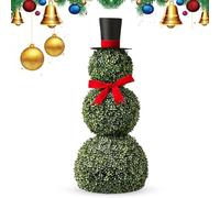 Christmas Snowman Topiary - Artificial Snowman Shaped Topiary Tree Pot with Red Bow Santa Hat Boxwood Topiaries for Christmas Indoor Outdoor Home Porch Decor (C-31in)