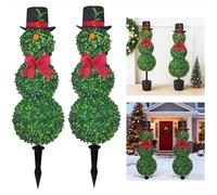 Christmas Snowman Topiary Tree - 37" Artificial Boxwood Decor with Red Bow & Santa Hat for Indoor/Outdoor Home Porch Decoration