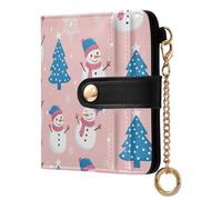 Christmas Snowman Tree Pink Pattern Small Women Wallet Bifold RFID Blocking Leather Compact Card Holder with Coin Pocket Zipper Purse for Ladies Girls Women