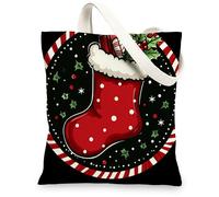 Christmas Socks Canvas Tote Bag for Shopping 13 * 15, Xmas Hollies Berries Plant Reusable Grocery Shoulder Cloth Bag for Women, Winter Painting Gift Decor